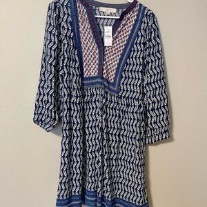 LOFT Navy and White Geometric Dress